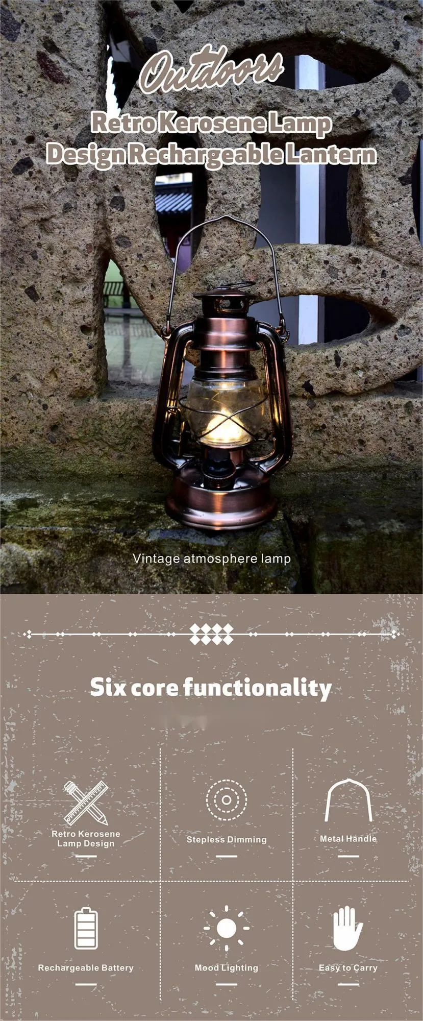 Decorative Retro Kerosene Lamp Antique Lantern Vintage LED Outdoor Tent Light Kerosene Camping Light