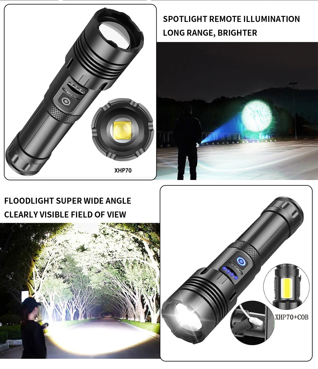 Power Bank Function Telescopic Zoom Type-C USB Charging Strong Bright Flashlight Long Endurance