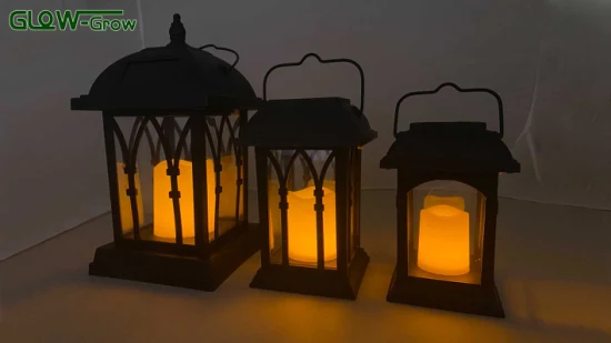 Solarlaternen für den Außenbereich, 15,2 cm, schwarze Laterne mit solarbetriebener LED-Kerze, wasserdichter Dämmerungs- bis Morgendämmerungs-Timer, Hängetisch, Veranda für Ramadan, Zuhause, Festival-Dekoration